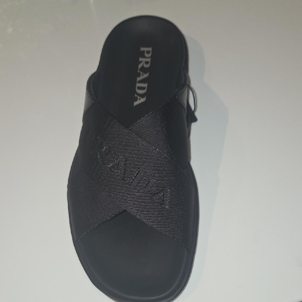 Prada Black Crisscross Slide Sandals